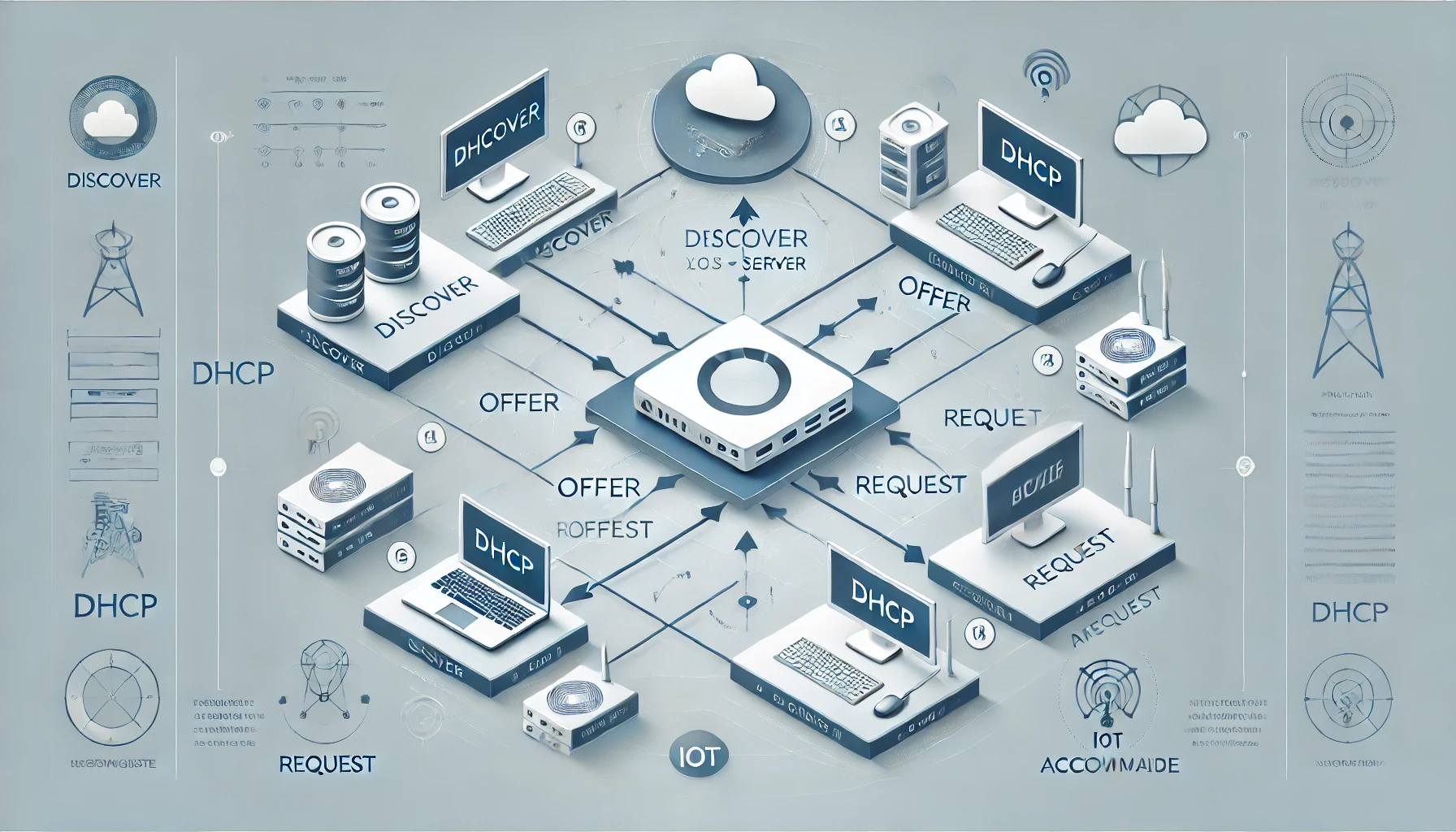 A modern and clean network flow diagram illustrating the DHCP process. The diagram shows the interaction between a DHCP client and server